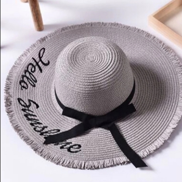 LAST 1- GRAY "HELLO SUNSHINE"  straw sun hat - Picture 4 of 7